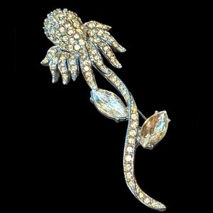 Vintage Rhinestone Flower Brooch Art Deco RARE LEDO SIGNED Coneflower Silver